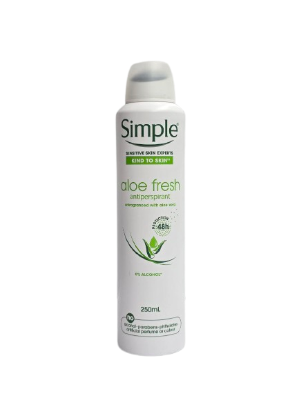 اسپری دئودورانت ضد تعریق سیمپل مدل Aloe Fresh بدون بو و الکل 48 ساعته 250 میل 🌿✨